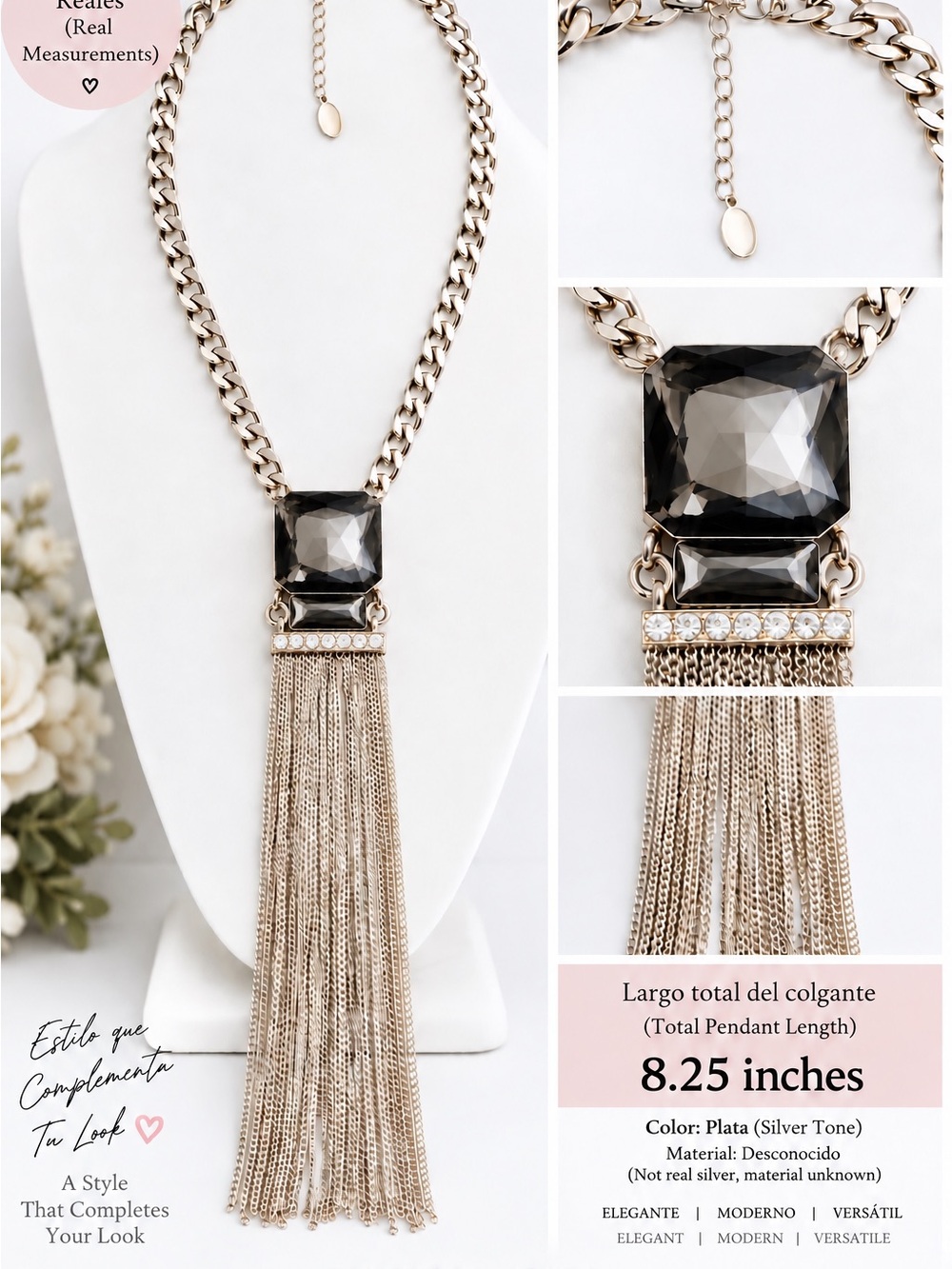 Elegant Silver-Tone Black Crystal Tassel Necklace - Chic Statement Jewelry